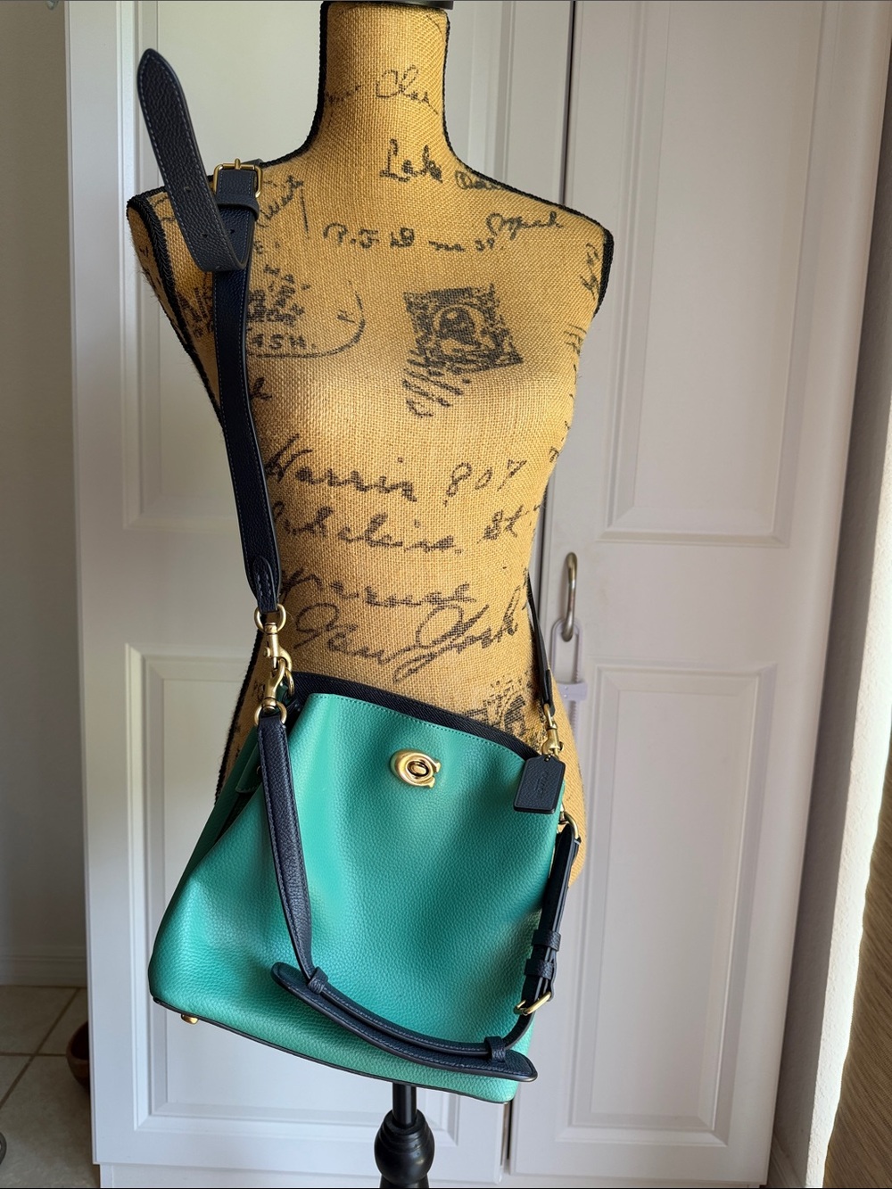 Coach Pebbled Leather Crossbody in Teal and Black with Gold Hardware
